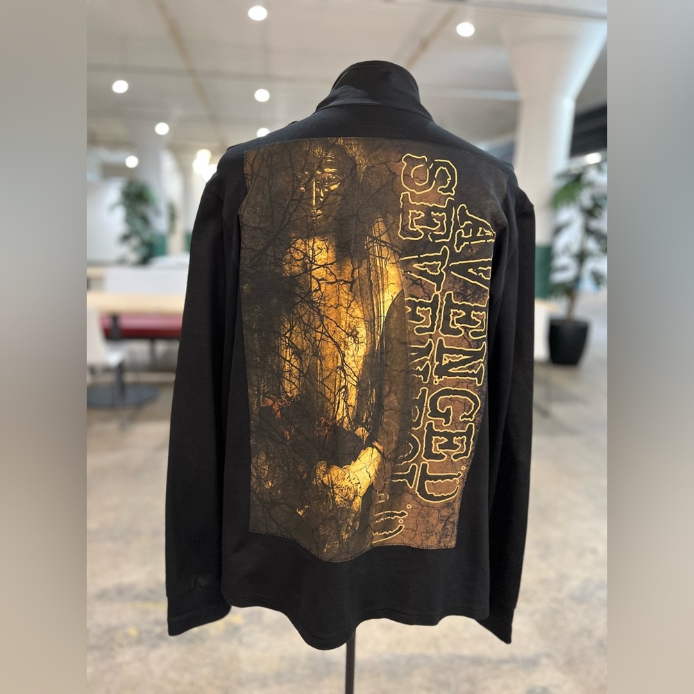 Upcycled unique zip jacket with Avenged Sevenfold tshirt patch sewn onto back.